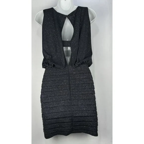 Xscape Sexy Mini Cocktail Dress Charcoal Glitter Cutout Back Bodycon Lined SZ 4 - Picture 2 of 16
